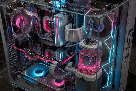 Futuristischer PC mit bunten LED-Leuchten und Kühlsystemen in einem transparenten Gehäuse.